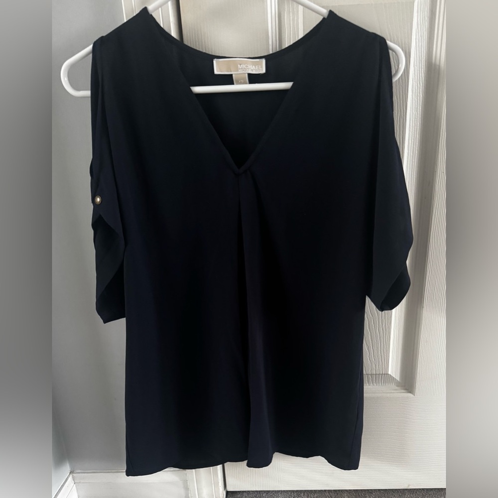 Michael Kors XS Navy Slit Sleeve Blouse Gold Button V Neck Top